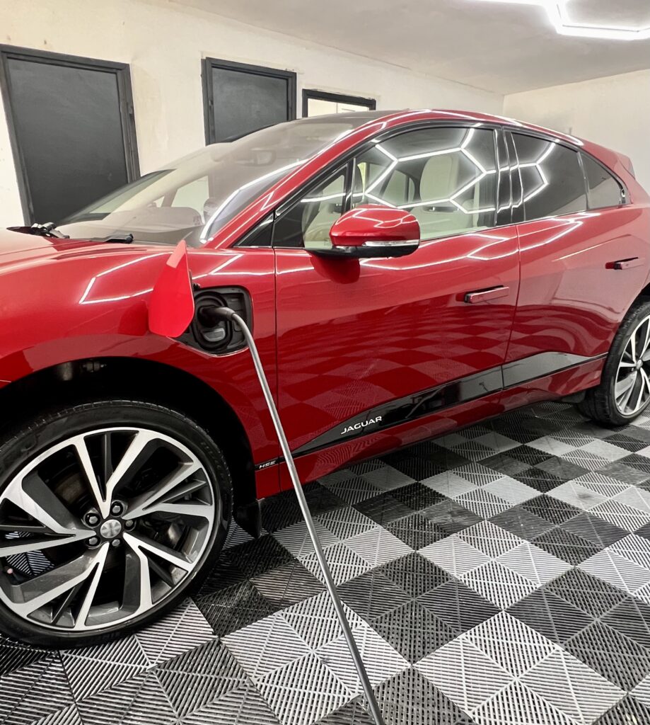 Jaguar I-pace free charging while detailing, our shop its equip with three phase EV charger and we offer free charging with all detailing services.